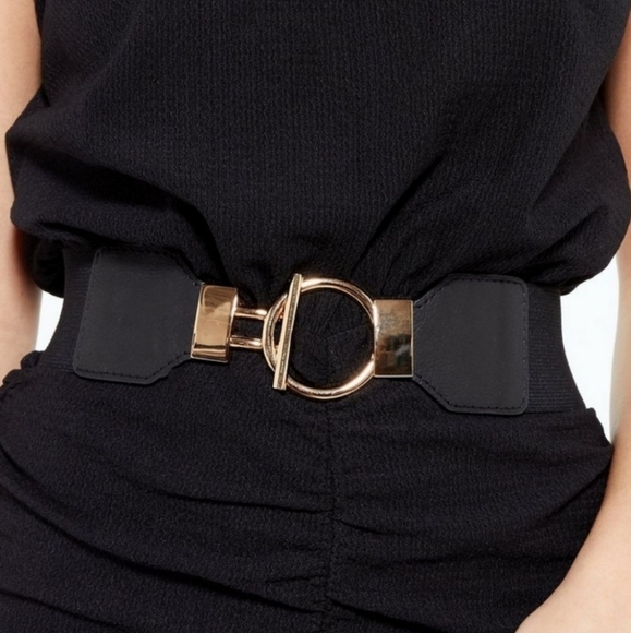 Plus size gold tone black stretch elastic toggle buckle minimalist dress - Picture 9 of 10
